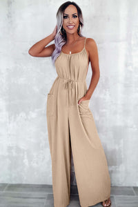 Apricot Spaghetti Straps Waist Tie Wide Leg Jumpsuit with Pockets Bottoms/Jumpsuits & Rompers Luxurious Weddings