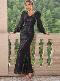 Sequin V-Neck Lantern Sleeve Maxi Dress sequin gown Luxurious Weddings