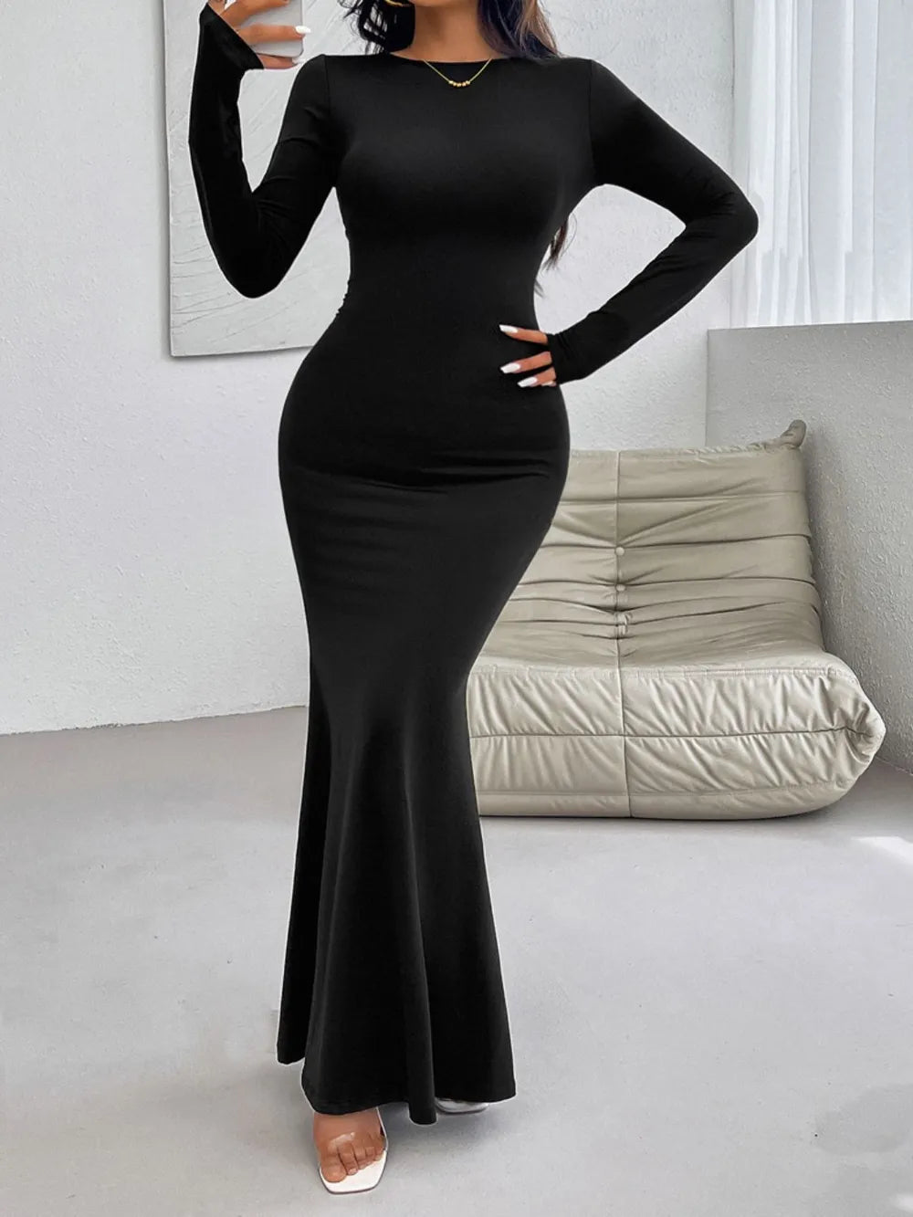 Devine Backless Round Neck Long Sleeve Maxi Dress wedding dress Luxurious Weddings
