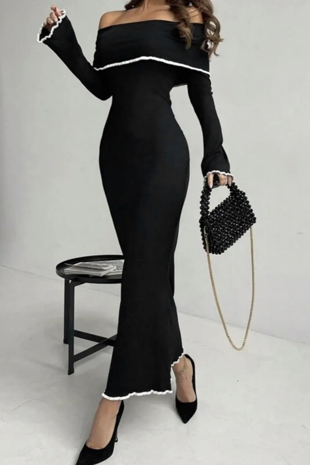 Contrast Trim Off-Shoulder Long Sleeve Maxi Sweater Dress Sweater Dress Luxurious Weddings