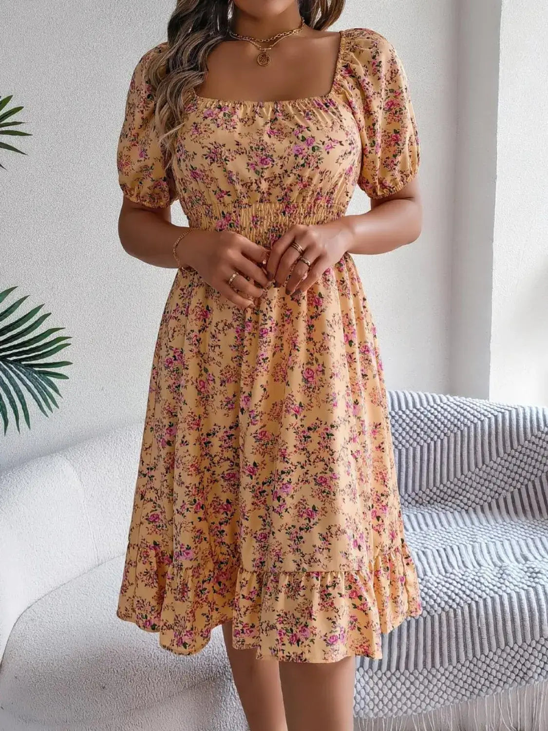 Ruffled Hem Floral Puff Sleeve Dress Dress Luxurious Weddings