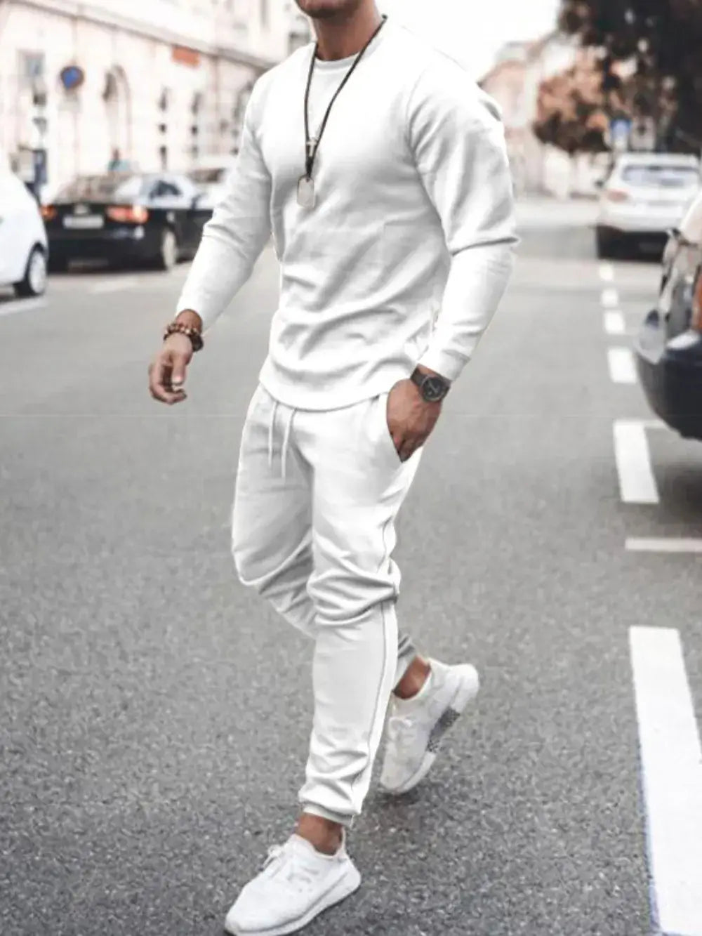 Men's plus size white long sleeve top and pants set, perfect for casual and formal wear in NZ.