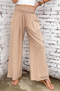 Khaki Smocked Wide Waistband High Waist Wide Leg Pants Bottoms/Pants & Culotte Luxurious Weddings