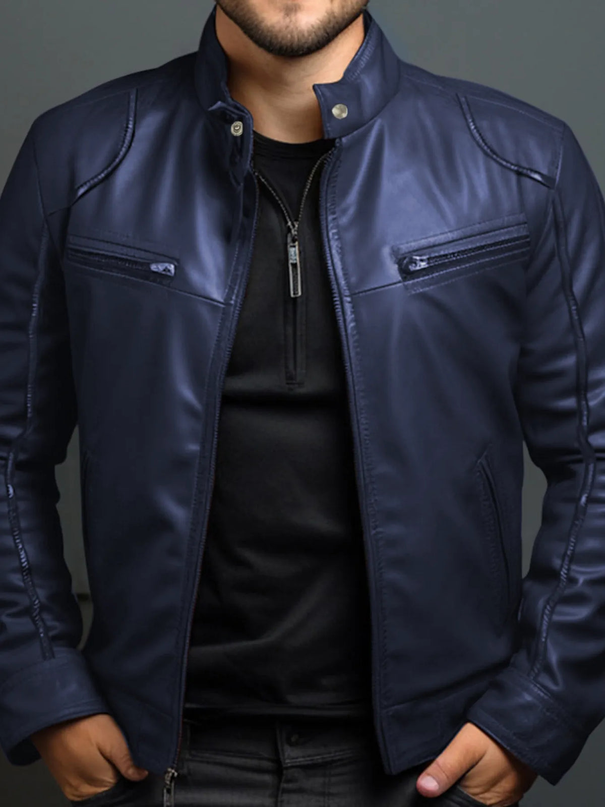 Men's Full Size Leather Motorcycle Jacket with Zipper Front Plus Size in navy color, showing stylish design and zipper details.