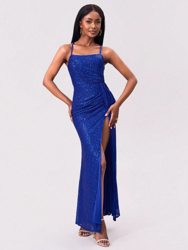 Slit Sequin Square Neck Spaghetti Strap Dress Dresses/Sequin Dresses Luxurious Weddings