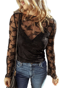 Black Lace Mesh Crochet Splicing Slim Fit Long Sleeve Blouse Tops/Blouses & Shirts Luxurious Weddings