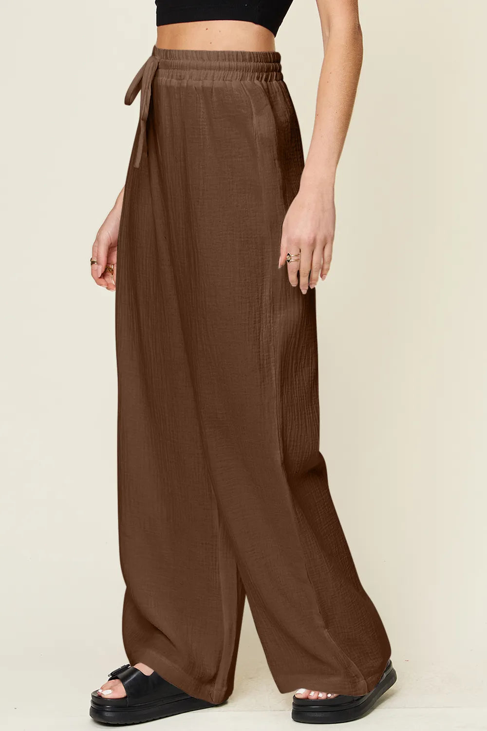 Double Take Full Size Texture Drawstring Wide Leg Pants Pants Luxurious Weddings