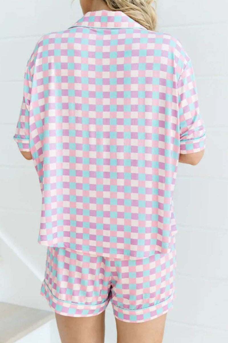 Plaid Collared Neck Short Sleeve Top and Shorts Lounge Set sleepwear Luxurious Weddings
