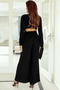 Black Cutout Back Belted V Neck Wide Leg Jumpsuit Bottoms/Jumpsuits & Rompers Luxurious Weddings