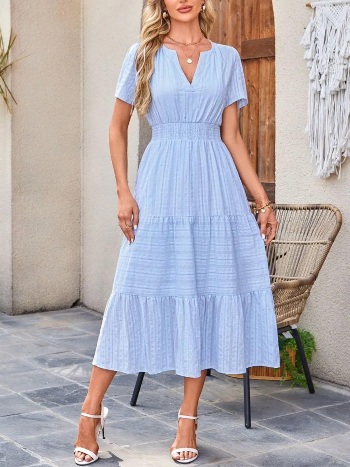 Tiered Notched Short Sleeve Dress summer dress Luxurious Weddings