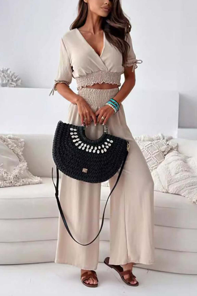 Surplice Short Sleeve Top and Pants Set Matching Sets Luxurious Weddings