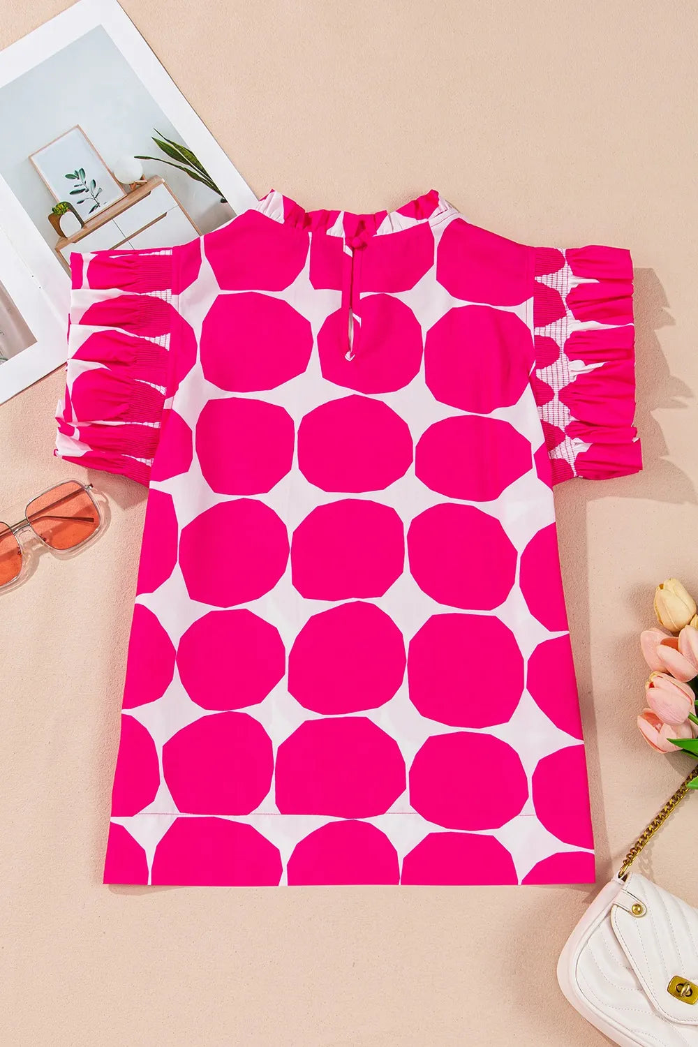 Bubblegum Pattern Frilled Collar Flutter Sleeve Top Blouses Luxurious Weddings