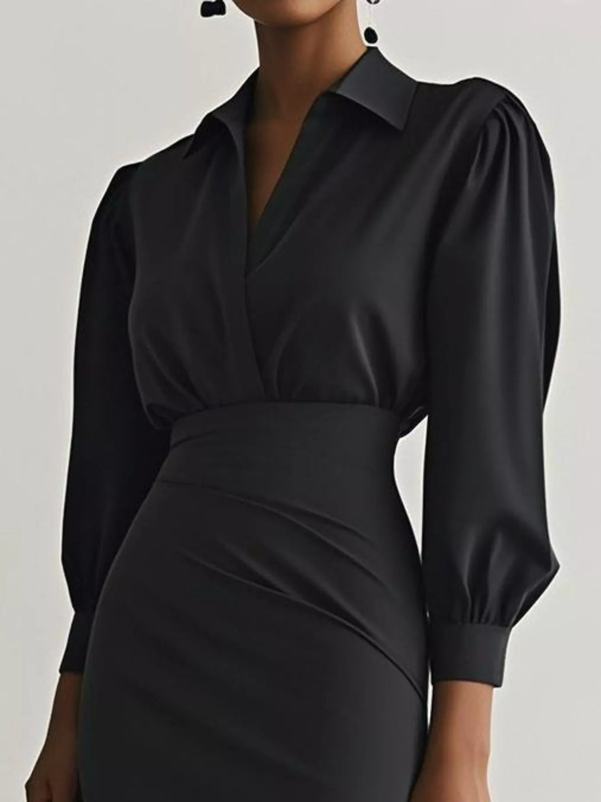 Ruched Midi Shirt Dress with Side Slit featuring a stylish black design and elegant puff sleeves.