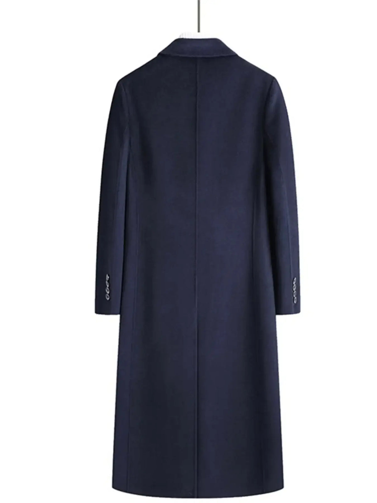 Back view of a men's plus size double-breasted long wool coat in navy blue, ideal for formal wear and accessories.