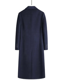 Back view of a men's plus size double-breasted long wool coat in navy blue, ideal for formal wear and accessories.