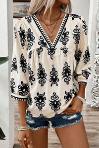 Beige Vintage Geometric Printed 3/4 Sleeve V Neck Blouse Tops/Blouses & Shirts Luxurious Weddings