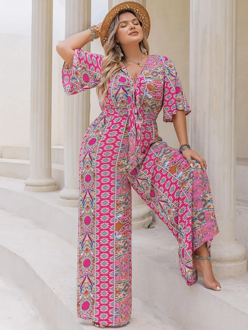 Plus Size Printed Half Sleeve Wide Leg Jumpsuit Plus size jumpsuit Luxurious Weddings