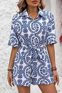 Blue Mandala Printed Short Sleeve Belted Shirt Romper Bottoms/Jumpsuits & Rompers Luxurious Weddings