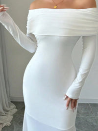 Off-shoulder long sleeve bodycon maxi dress in white, perfect for luxurious weddings and special occasions.