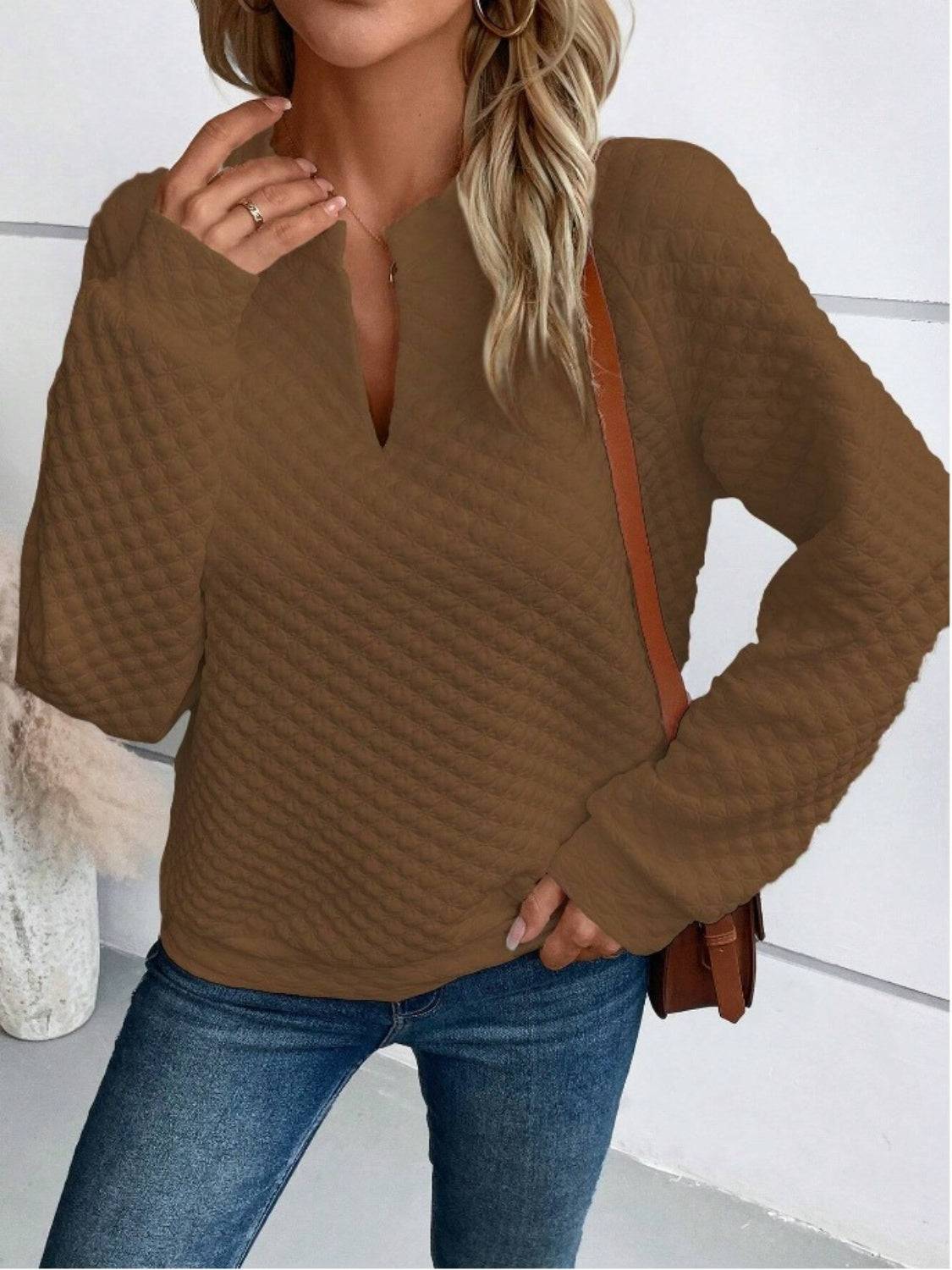 Notched Long Sleeve Sweatshirt sweatshirt Luxurious Weddings