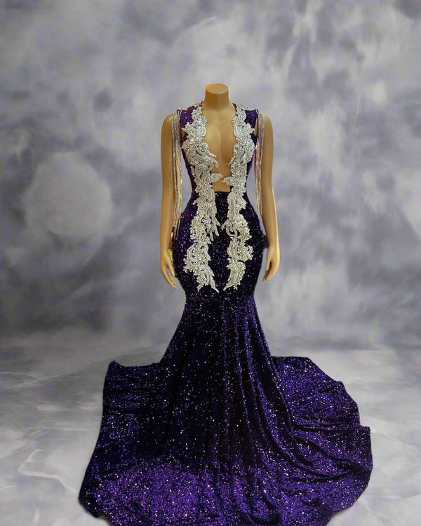 Thea-Rose Handmade Purple Rhinestone Evening Gown Candy Cane Lane