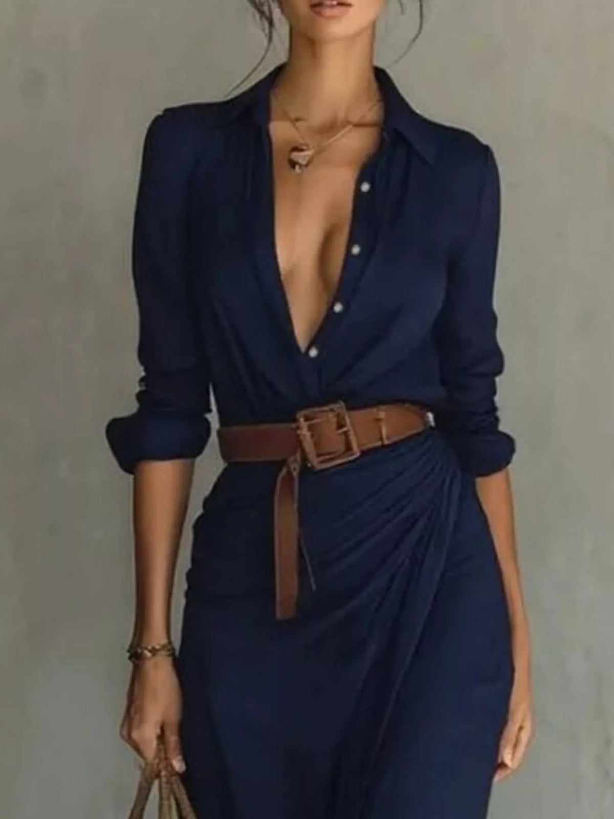 Full Size Ruched Long Sleeve Maxi Dress Plus Size in navy blue, featuring a buttoned front and a belted waist.