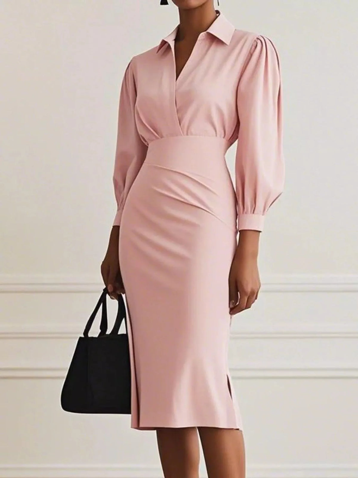 Ruched Midi Shirt Dress with Side Slit in soft pink with a modern silhouette and side slit feature.