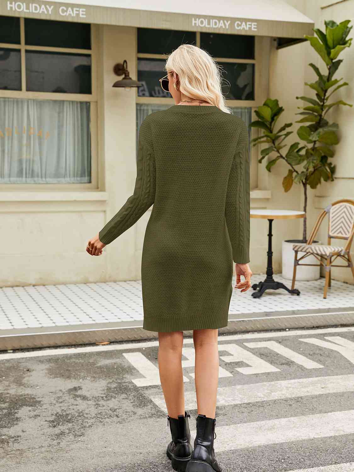 Notched Neck Cable-Knit Slit Sweater Dress sweater Luxurious Weddings