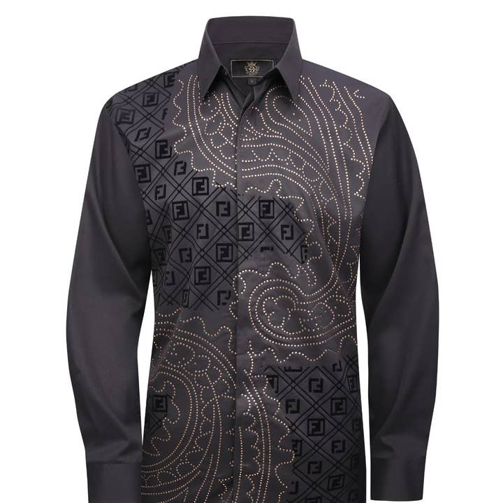 El Baron Men Embellished Patterned Dress Shirt/Black