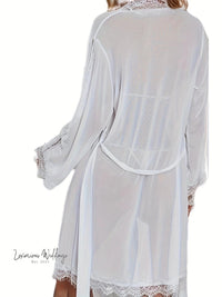 Elegant Lace Lingerie Set - Long Sleeve Robe with Belt, Polka Dot Mesh for Women - Luxurious Weddings
