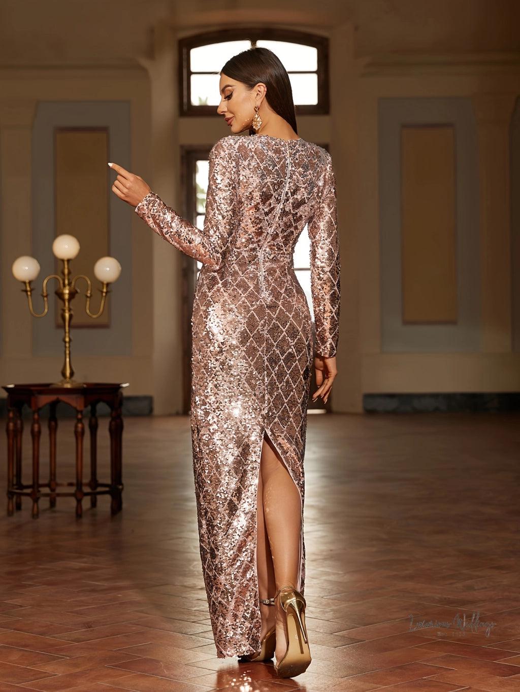 Elegant Sequined Evening Dress for Women - Long Sleeve Sheath, Perfect for Parties & Banquets - Luxurious Weddings