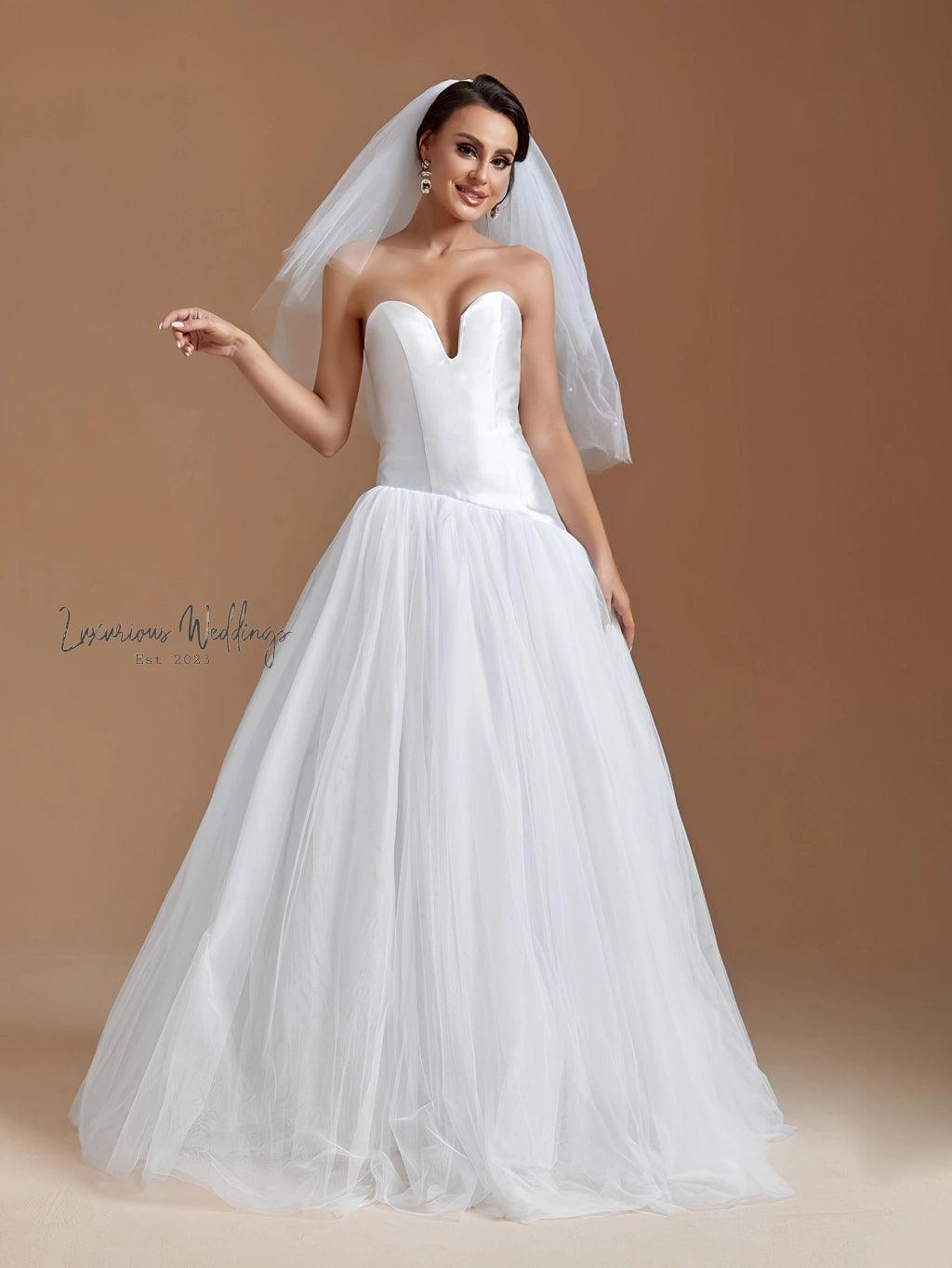 Elegant Strapless Asymmetrical Floor Length Gown Luxurious Weddings