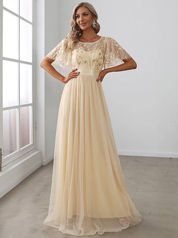 Sequin Print Floor-length Evening Dresses with Cap Sleeve
