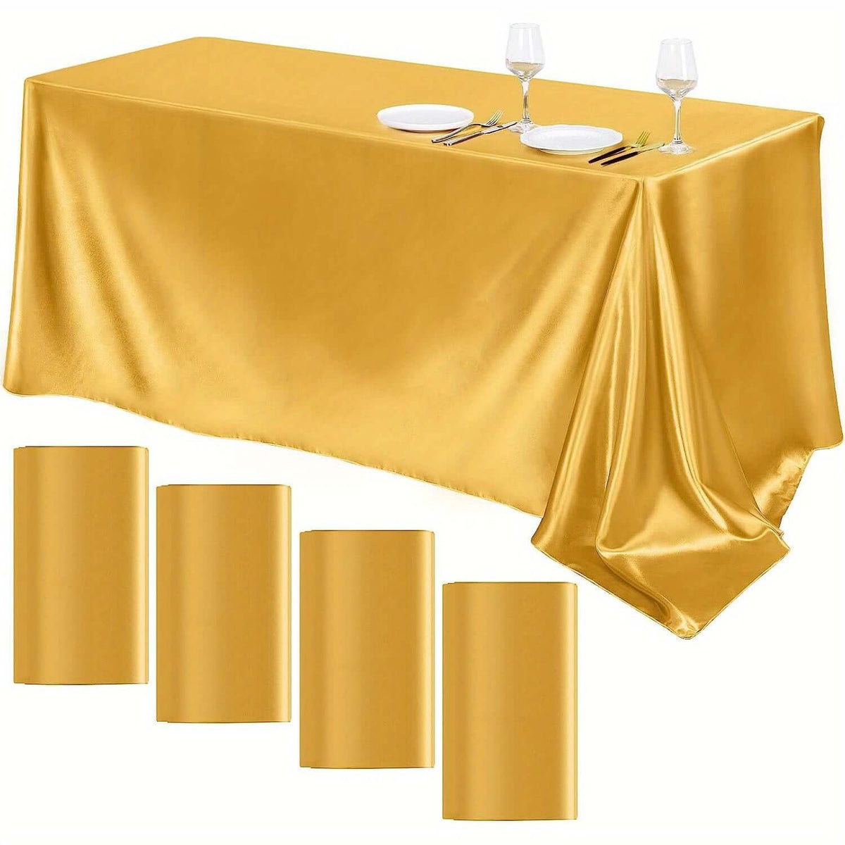 Elegant Golden Satin Tablecloth Overlay - 102 x 58\" Tablecloth Luxurious Weddings