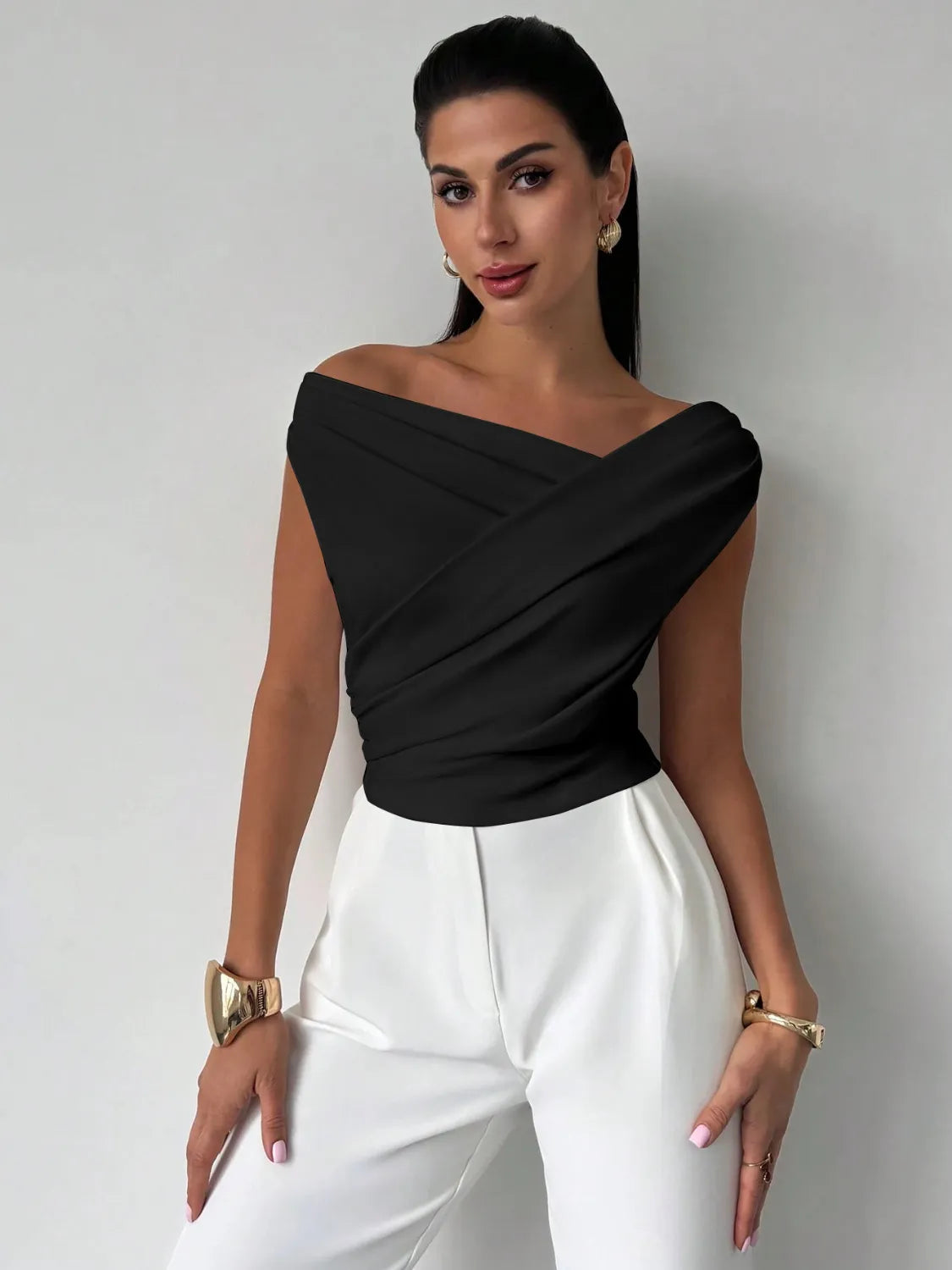 Asymmetrical Ruched Short Sleeve Top Luxurious Weddings