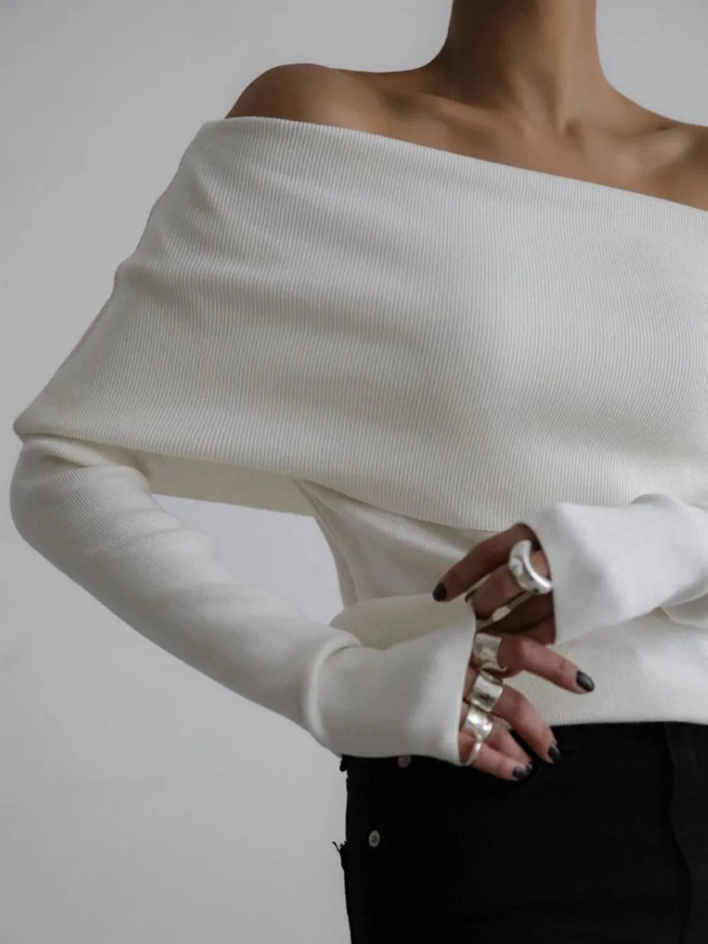 Off-Shoulder Long Sleeve Knit Top Sweater Luxurious Weddings