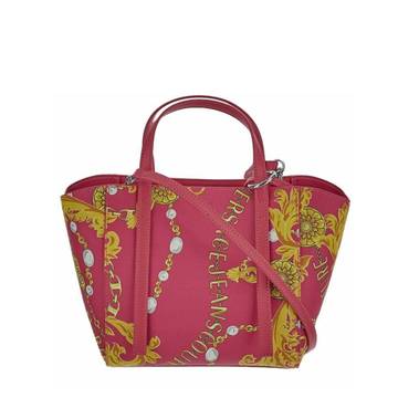 a pink purse with a yellow and red pattern