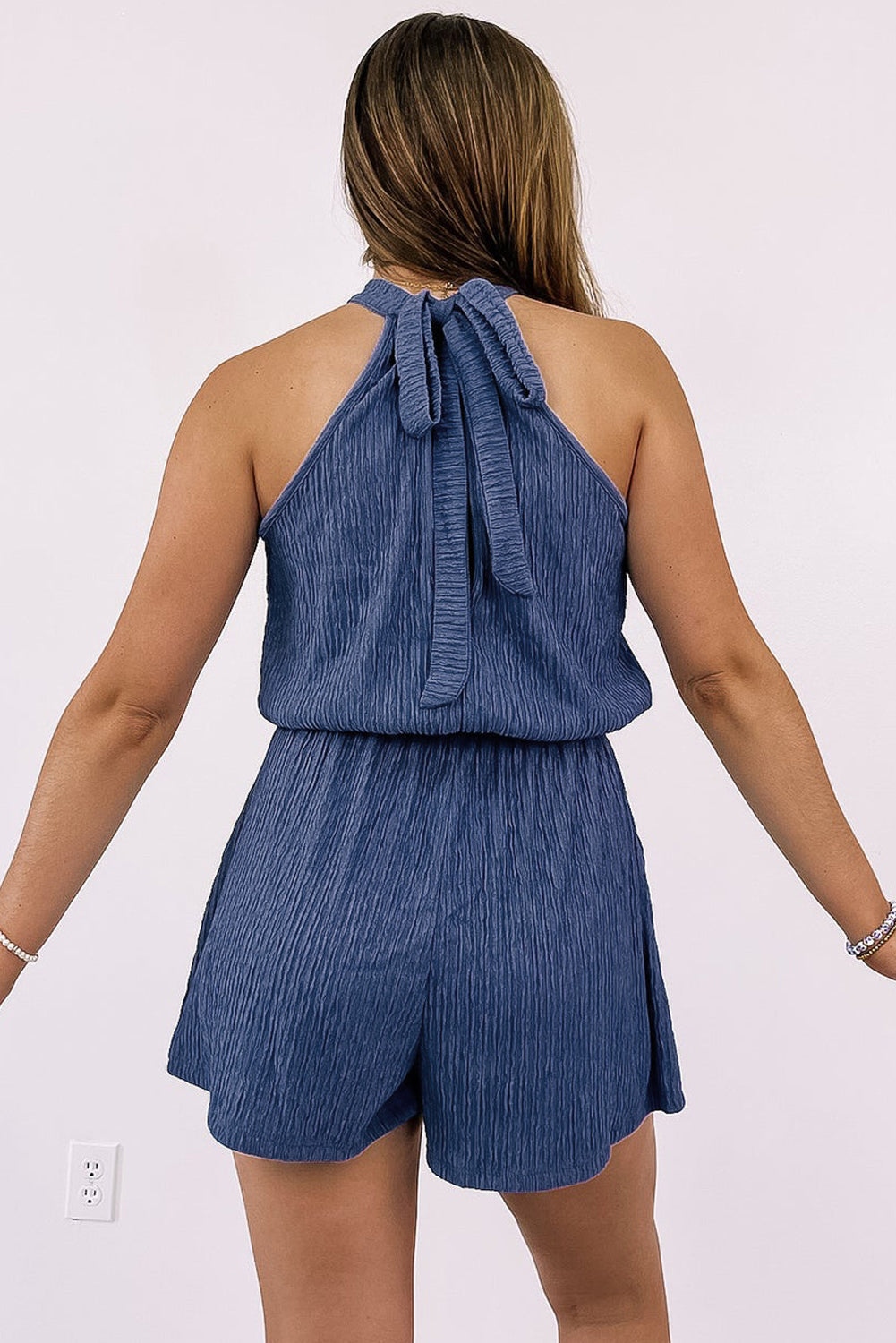 Bluing Knot Back High Neck Crinkle Textured Romper Bottoms/Jumpsuits & Rompers Luxurious Weddings