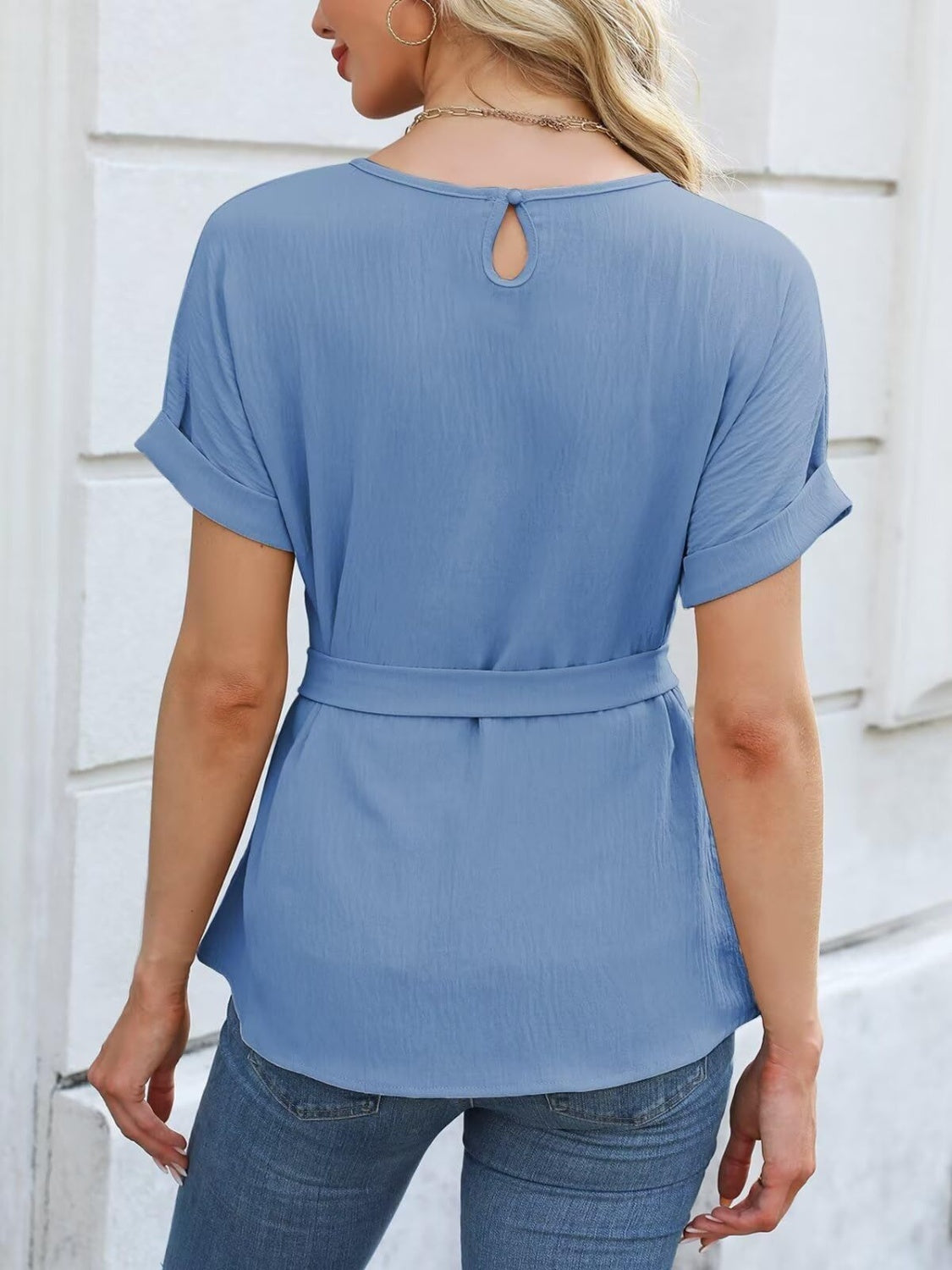 Tied Pleated Round Neck Short Sleeve Top Tops/Blouses & Shirts Luxurious Weddings