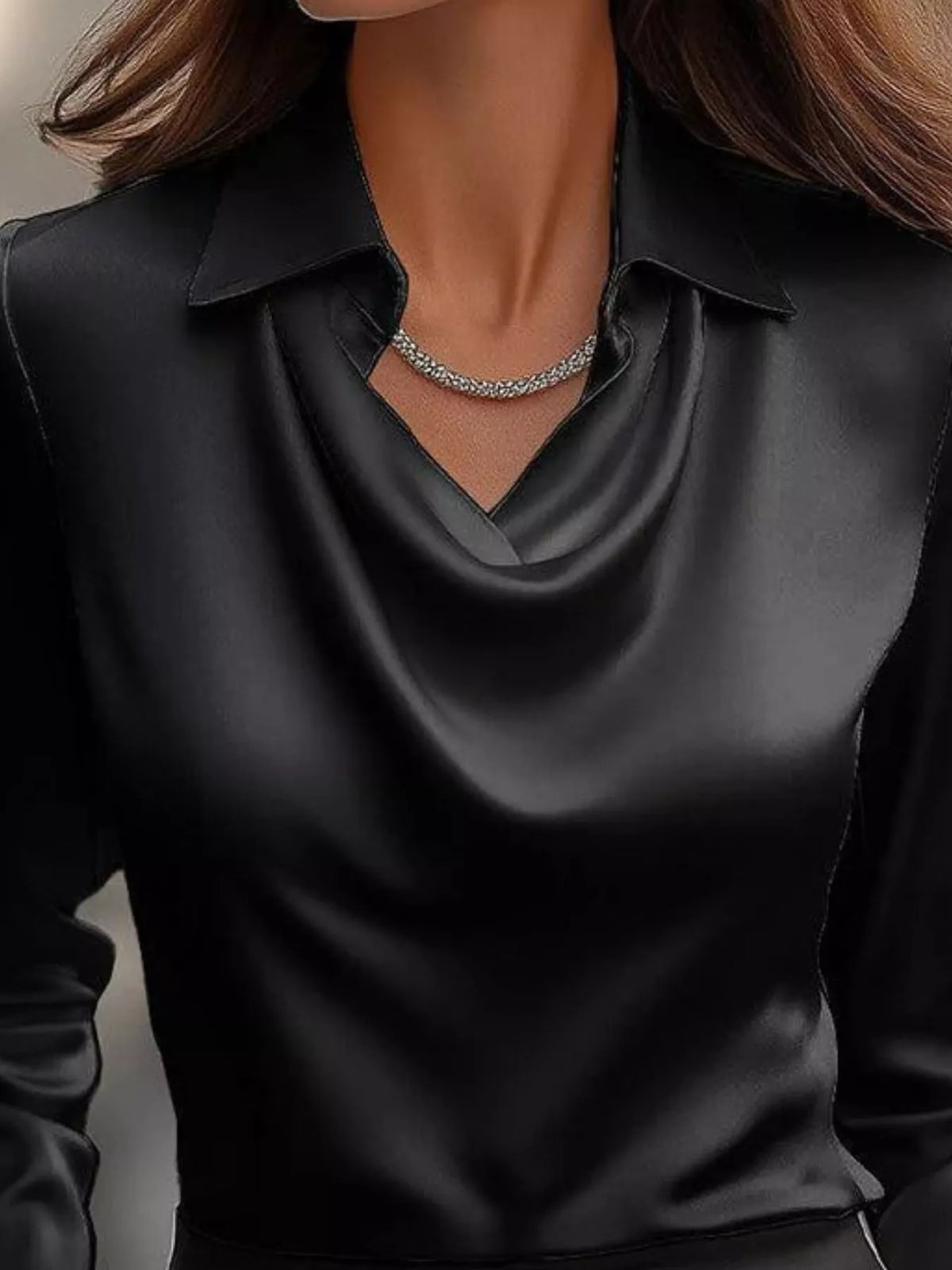 Ruched Long Sleeve Drape Collar Blouse featuring a black satin finish and stylish drape collar.