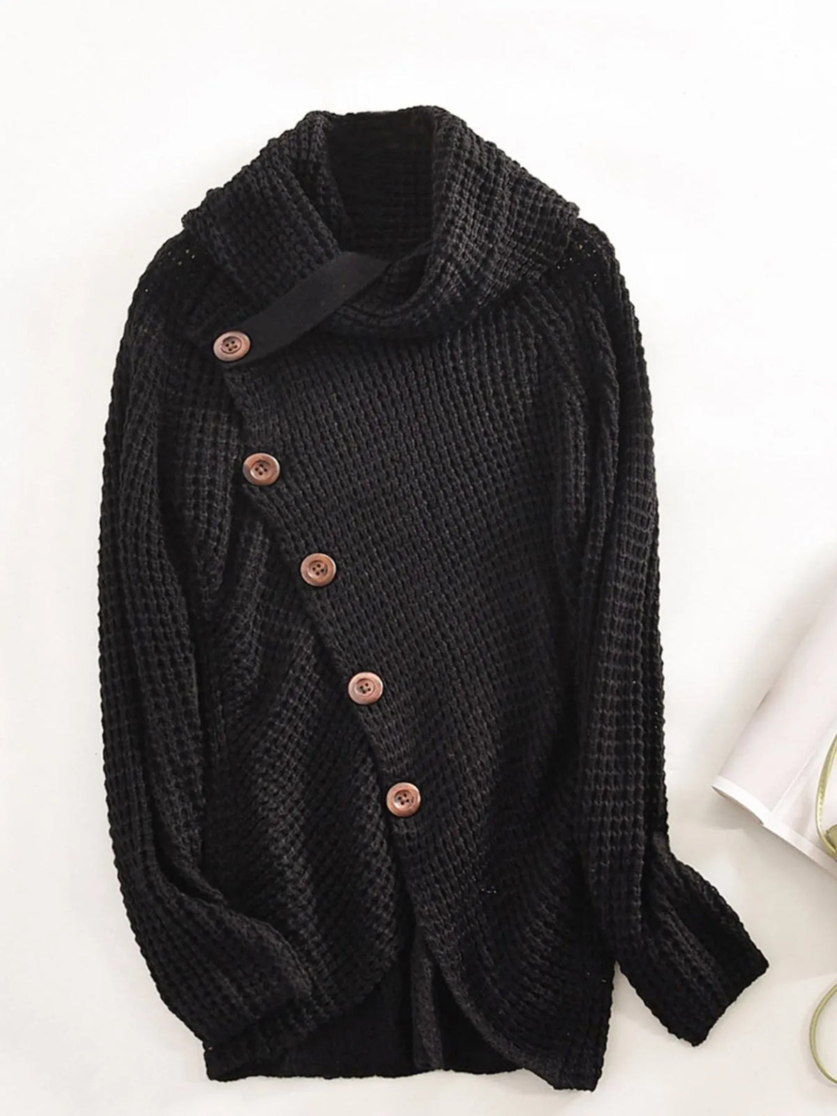 Full size texture turtleneck long sleeve sweater in black with decorative buttons, made of 100% polyester.