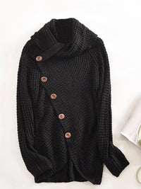 Full size texture turtleneck long sleeve sweater in black with decorative buttons, made of 100% polyester.