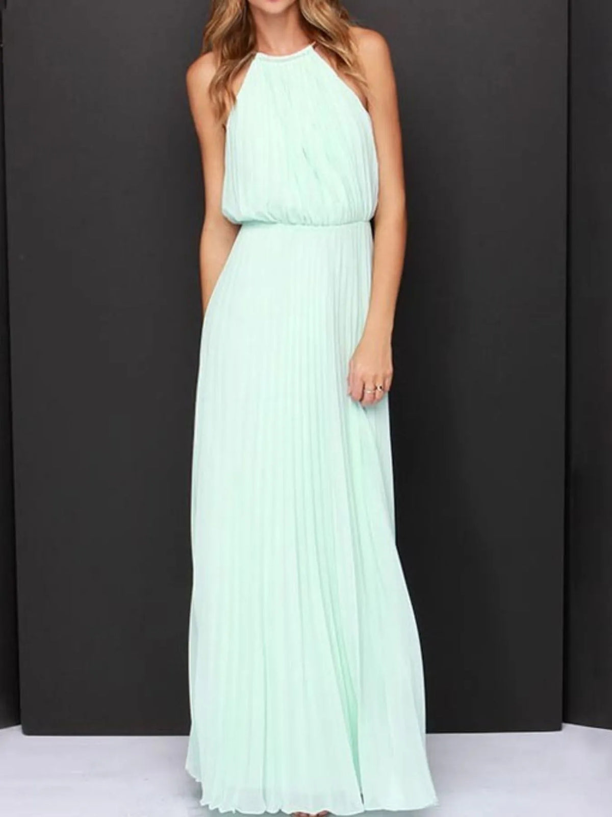 Pleated sleeveless maxi tank dress in mint green, perfect for affordable formal wear in NZ.