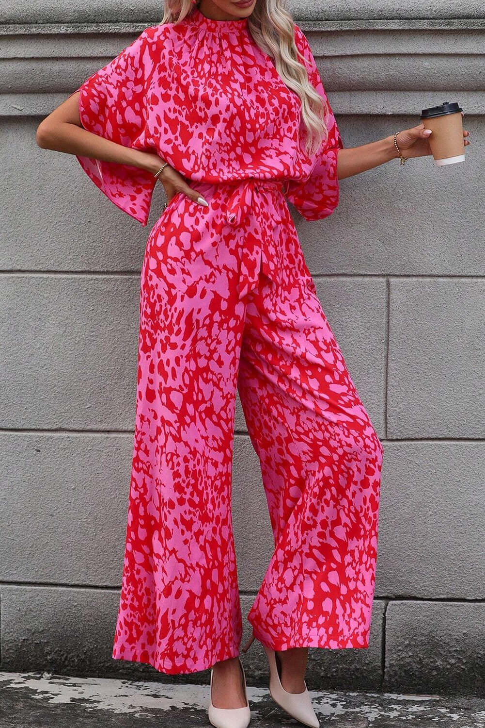 Rose Leopard Loose Sleeve Belted Wide Leg Jumpsuit Bottoms/Jumpsuits & Rompers Luxurious Weddings