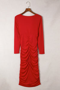 Fiery Red Long Sleeves Wrap V Neck Bodycon Dress Dresses/Bodycon Dresses Luxurious Weddings