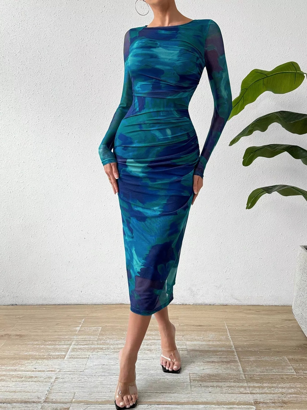 Watercolor Print Mesh Bodycon Midi Dress featuring a blue and green design, long sleeves, and a flattering silhouette.
