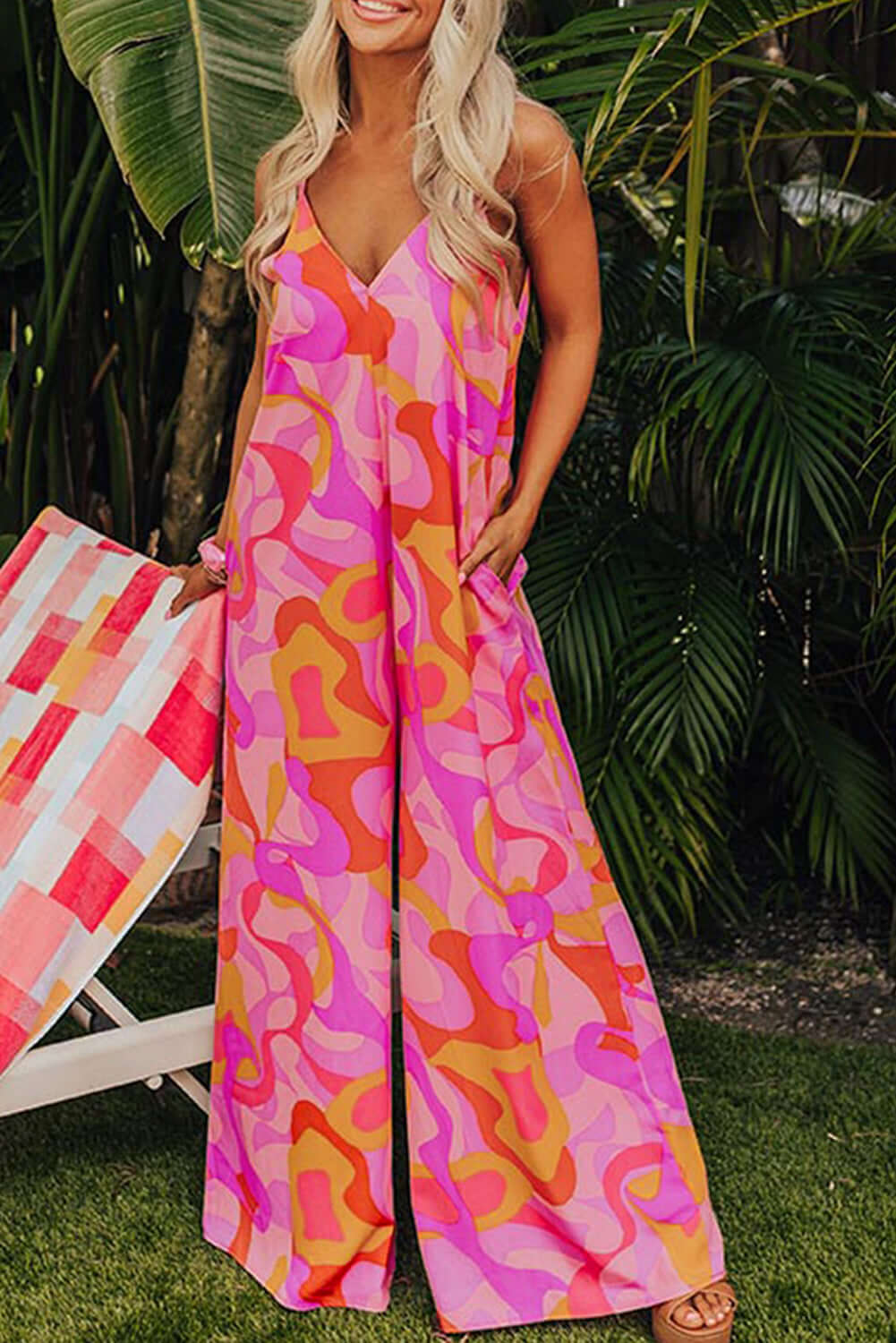 Pink Boho Abstract Print V Neck Wide Leg Jumpsuit Bottoms/Jumpsuits & Rompers Luxurious Weddings