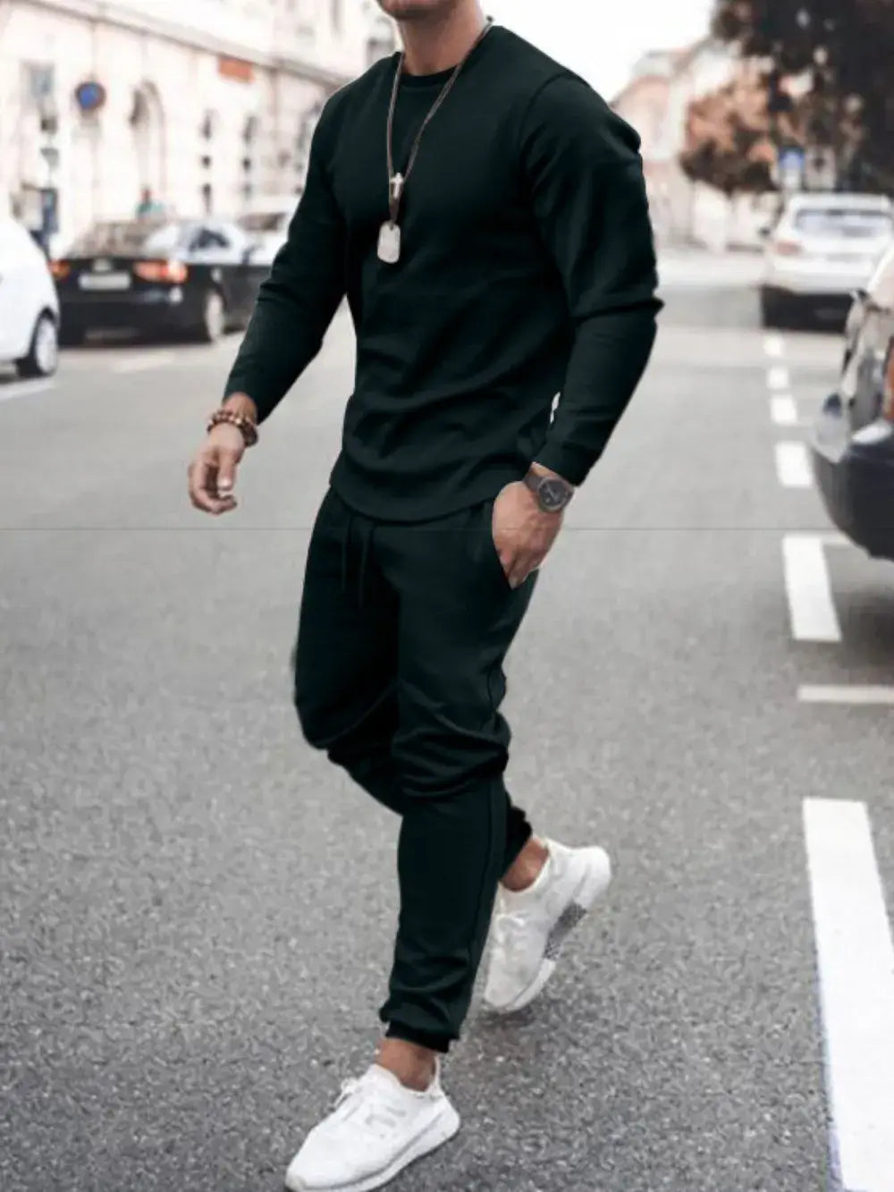 Men's full size round neck long sleeve top and pants set in dark green, perfect for casual streetwear.