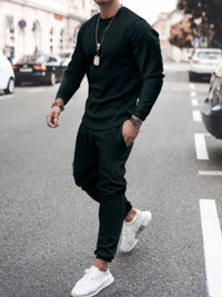 Men's full size round neck long sleeve top and pants set in dark green, perfect for casual streetwear.