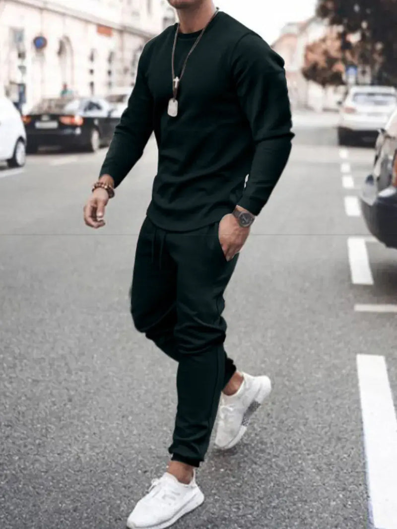 Men's full size round neck long sleeve top and pants set in dark green, perfect for casual streetwear.